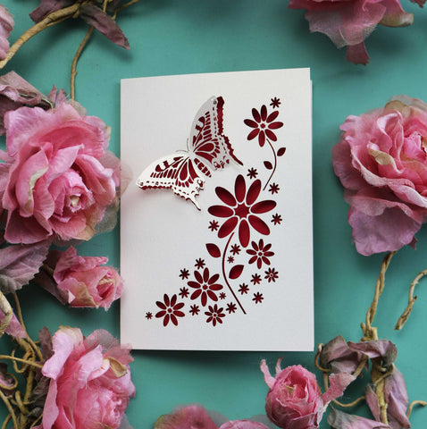 A butterfly card with push of 3D effect wings and flower details - A6 / Dark Red