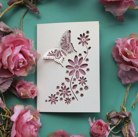 An any-occasion greeting card with 3D butterfly and cut out flowers - A6 / Dusky Pink