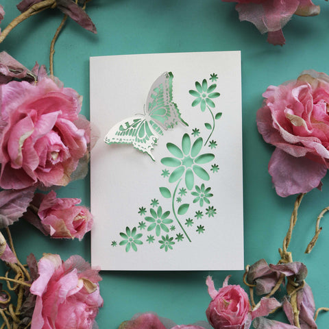 A paper cut butterfly and flowers card - A6 / Light Green