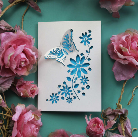 A laser cut butterfly and flowers card - A6 / Peacock Blue