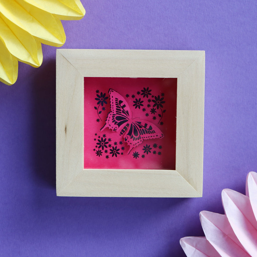 Small Square Framed Butterfly Papercut -Shocking Pink