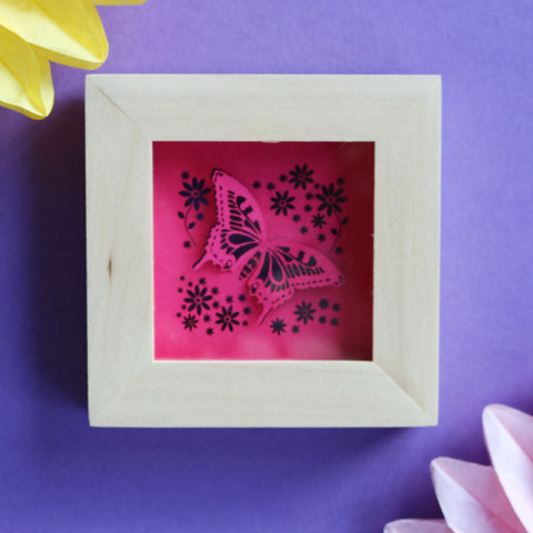 Small Square Framed Butterfly Papercut -Shocking Pink - 