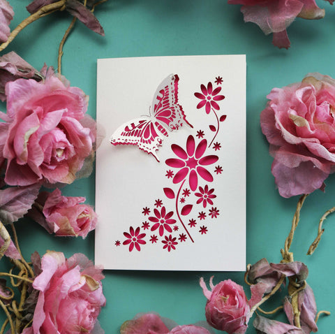 A laser cut butterfly card with pop-out wings - A6 / Shocking Pink