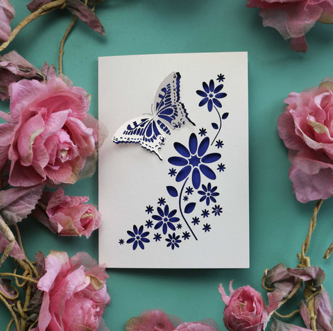 Butterfly themed greetings card with cut out flowers and 3D butterfly wings - A6 / Infra Violet