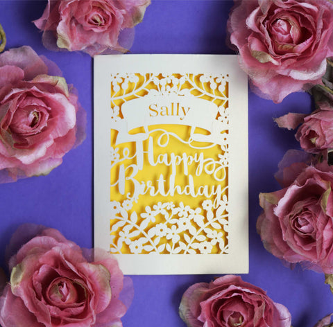 Personalised Papercut Calligraphy Birthday Card - A5 / Sunshine Yellow