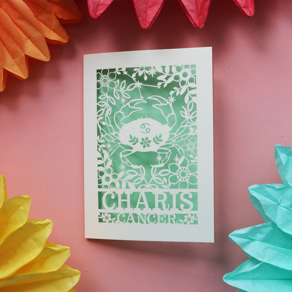 A Cancer star sign birthday card, personalised and made in the UK
