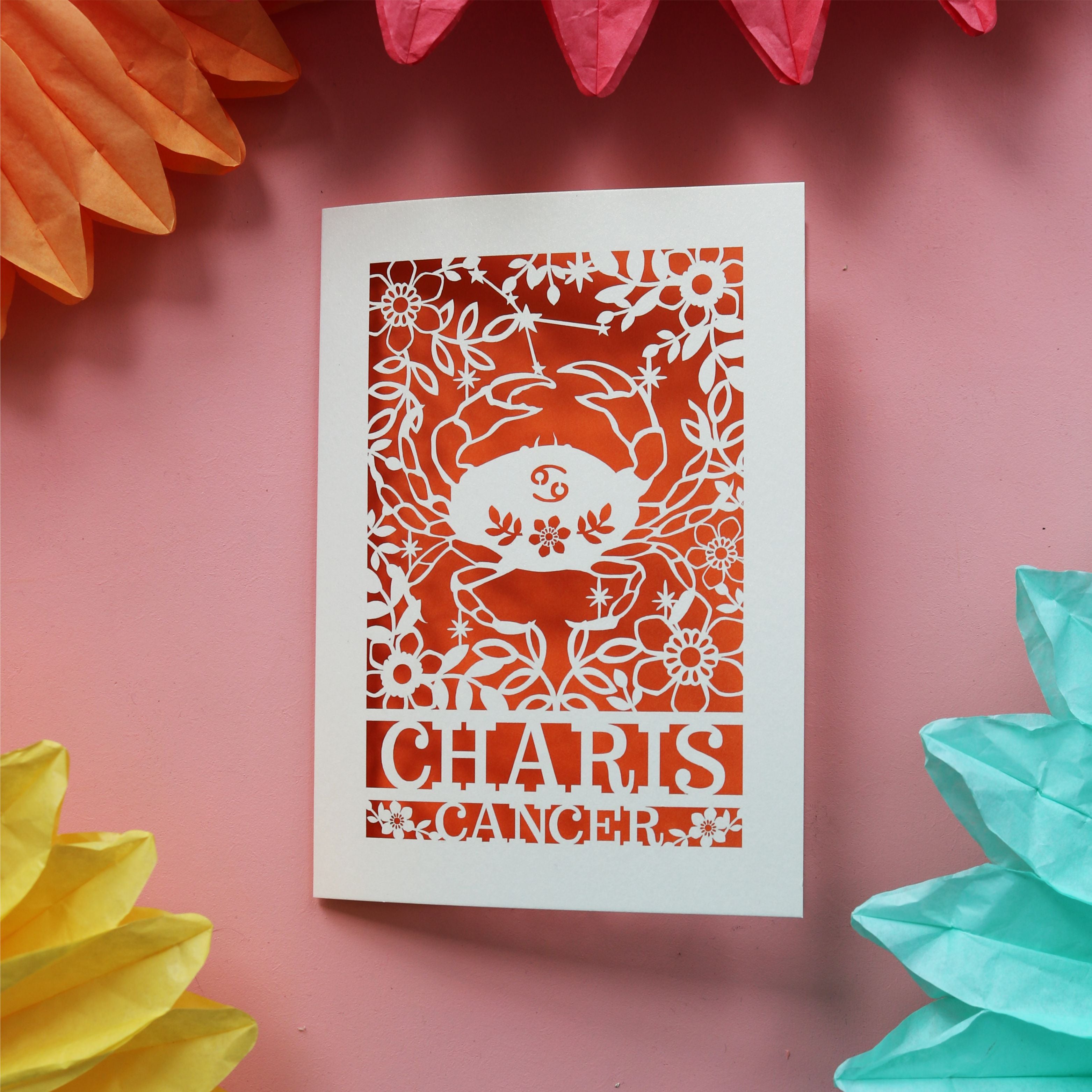 Cancer zodiac sign birthday cards, personalised with the recipient's first name