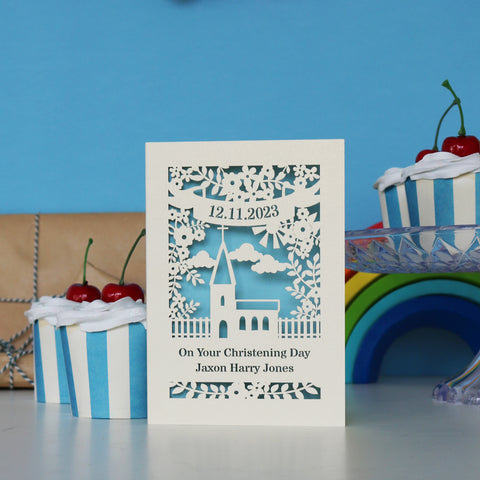 A cream and blue paper cut Christening card that could easily be framed and given as a Christening gift. Personalised with a date and name. - A5 (large) / Light Blue