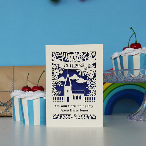 A unique Christening card that you should buy. Especially if you are looking for a card for your Godson or Goddaughter. It is laser cut and personalised and they will love it.  - A6 (small) / Infra Violet