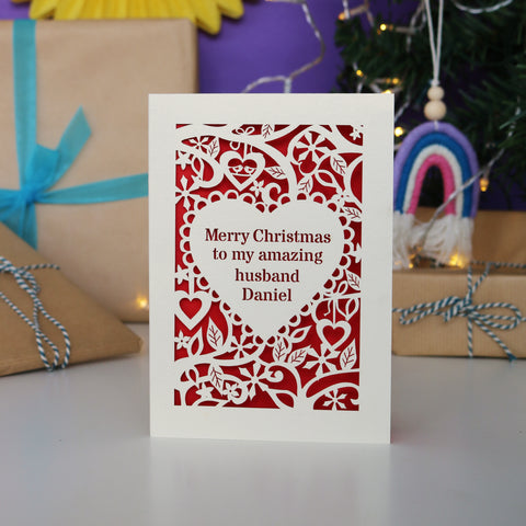 A personalised card for Christmas that says "Merry Christmas to my amazing husband Daniel" - 