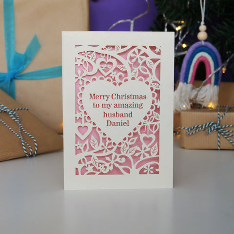 A personalised laser cut Christmas card for husband or wife - A5 / Cream / Candy Pink
