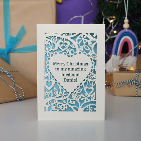 A laser cut Christmas card that says "merry Christmas to my amazing husband Daniel" - A5 / Cream / Light Blue