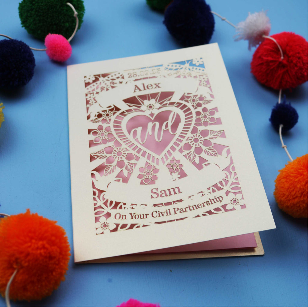 Civil Partnership Card - Personalised Laser Cut Sacred Heart Card