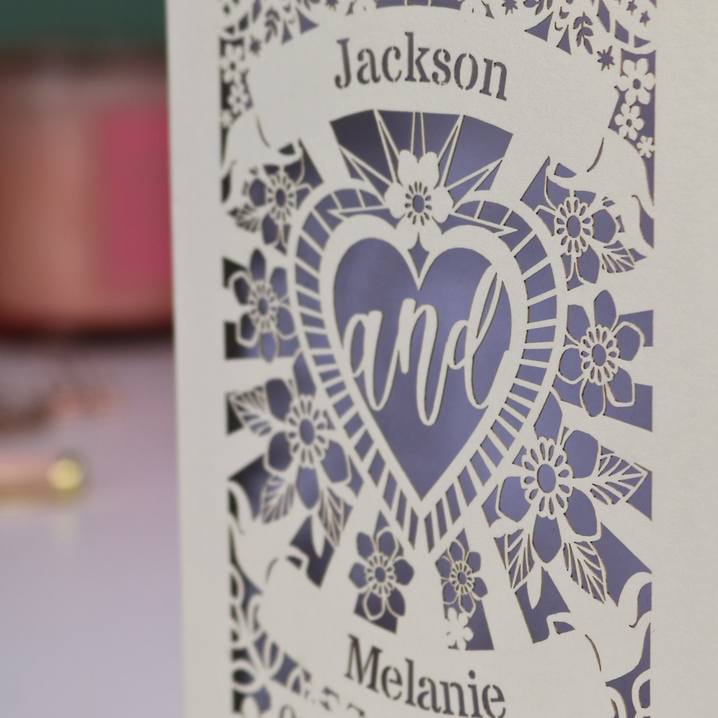 Decorative card with 'Jackson and Melanie' cut out text and floral patterns.