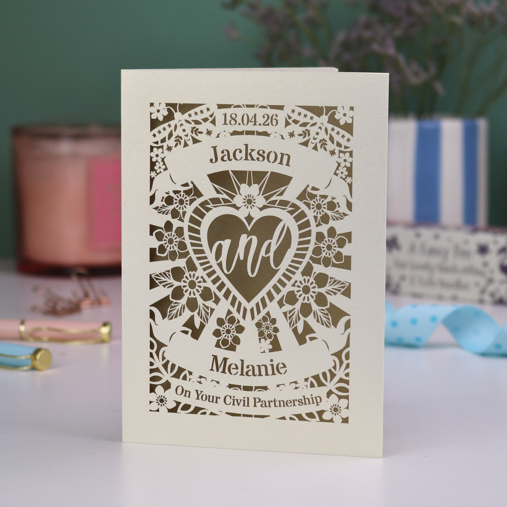 Personalized civil partnership card with decorative text and design on a blurred background
