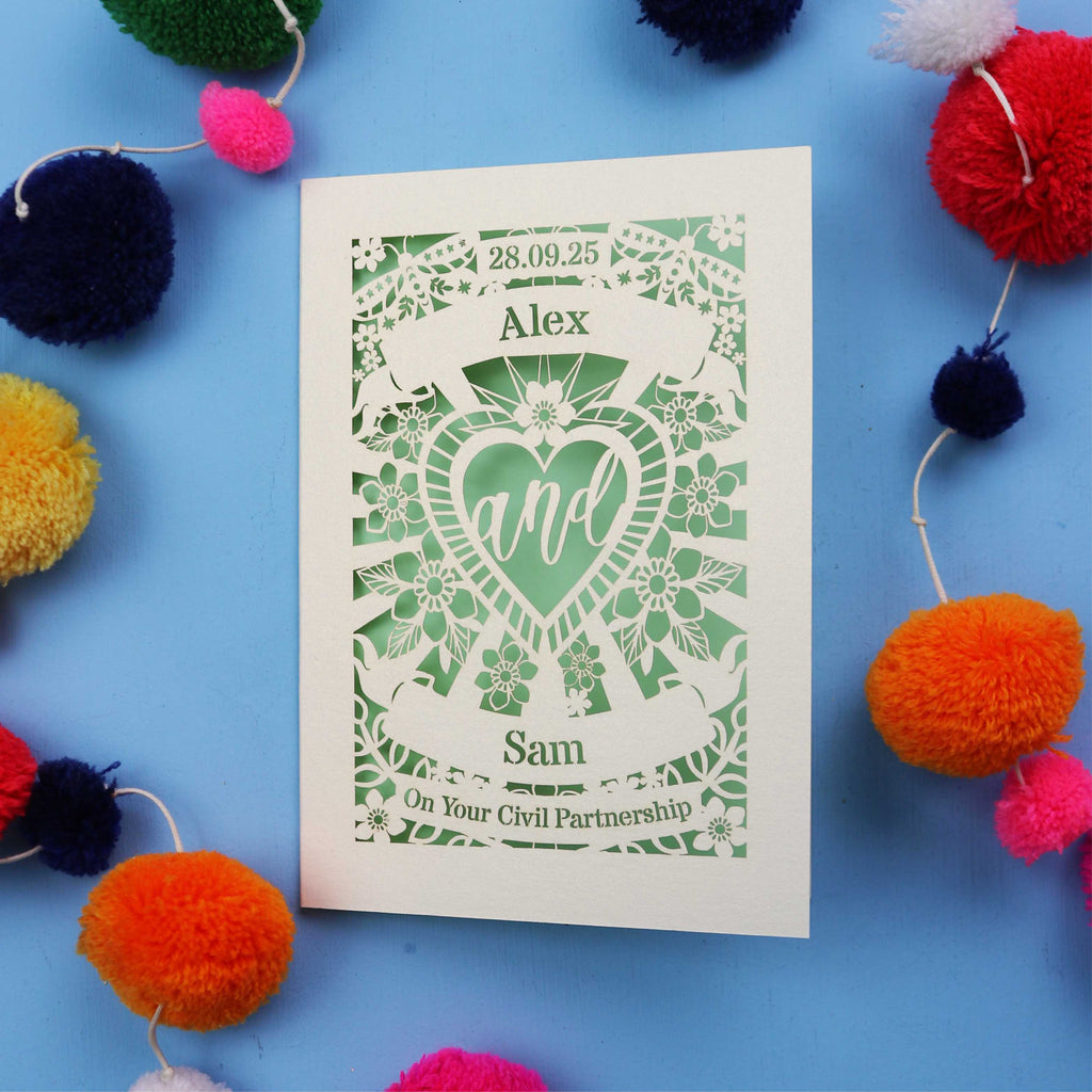 Civil Partnership Card - Personalised Laser Cut Sacred Heart Card