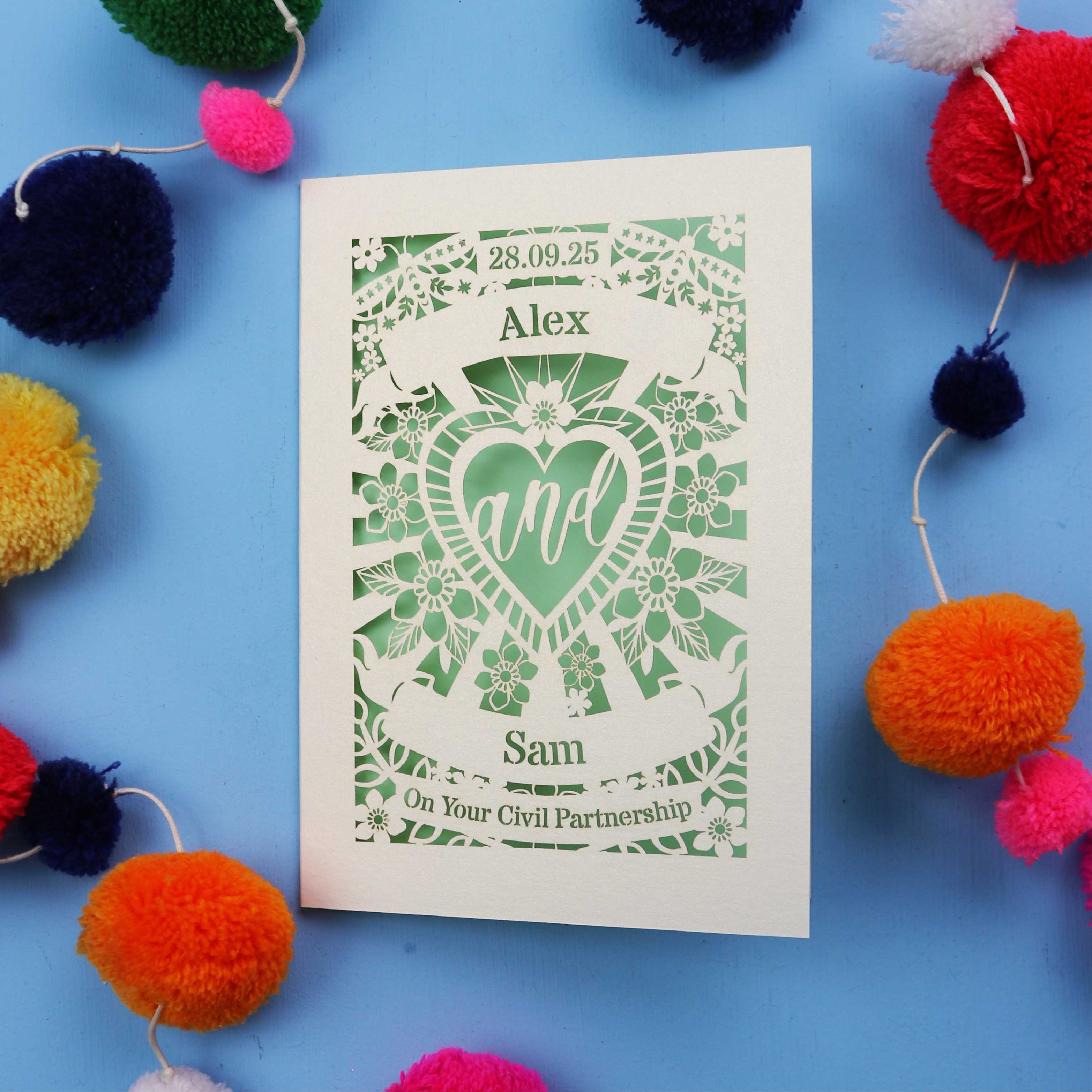 Civil Partnership Card - Personalised Laser Cut Sacred Heart Card