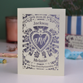 Personalized civil partnership card with decorative text and design on a blurred background