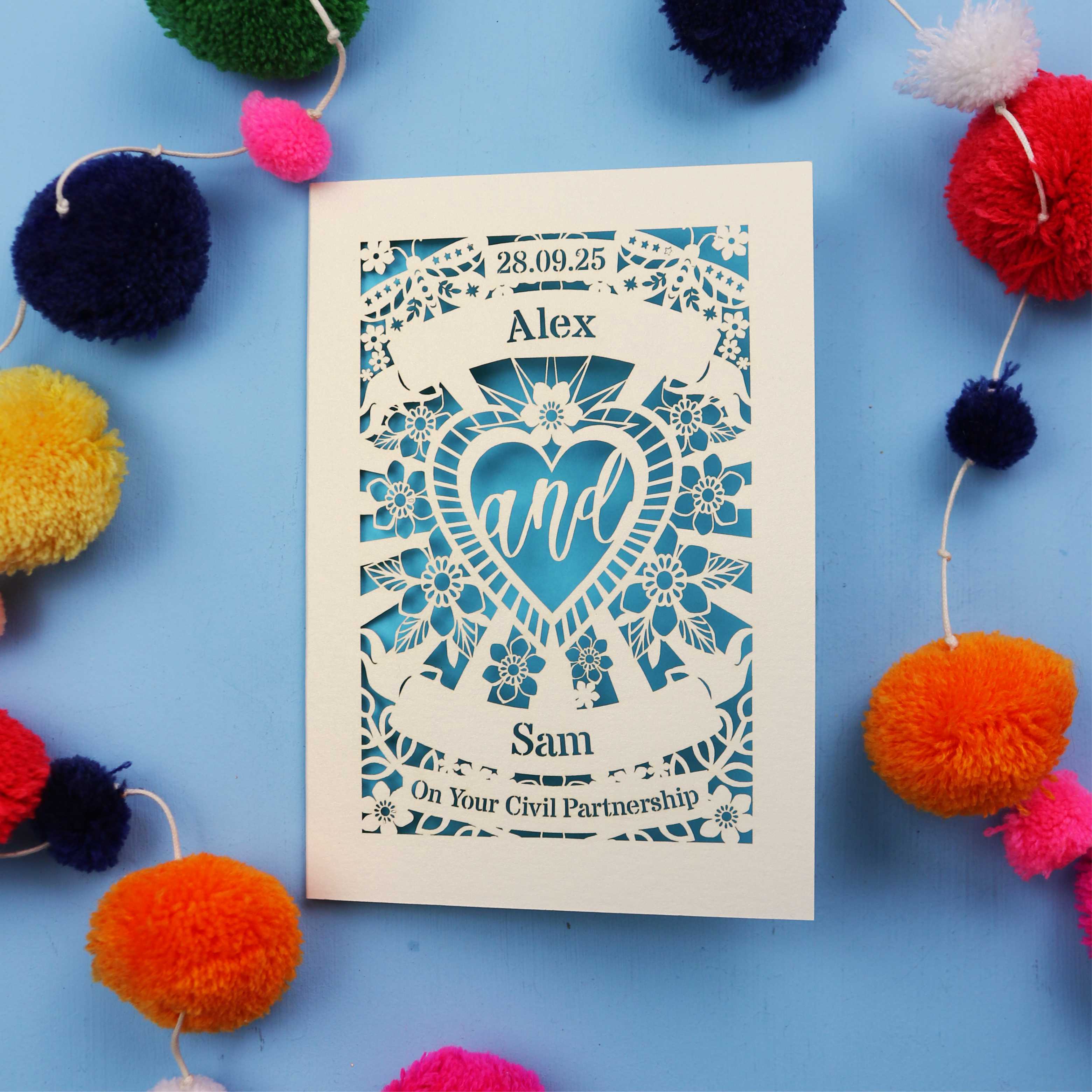 Civil Partnership Card - Personalised Laser Cut Sacred Heart Card