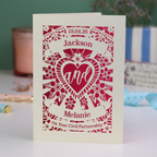 Personalized civil partnership card with decorative text and design on a blurred background