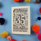 Coral 35th anniversary Card with '35 amazing years' on a blue background with colourful pom-poms