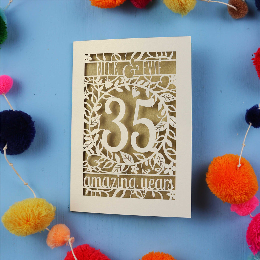 Personalised 35th anniversary Card with '35 amazing years' on a blue background with colourful pom-poms