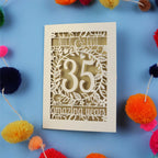 Personalised 35th anniversary Card with '35 amazing years' on a blue background with colourful pom-poms