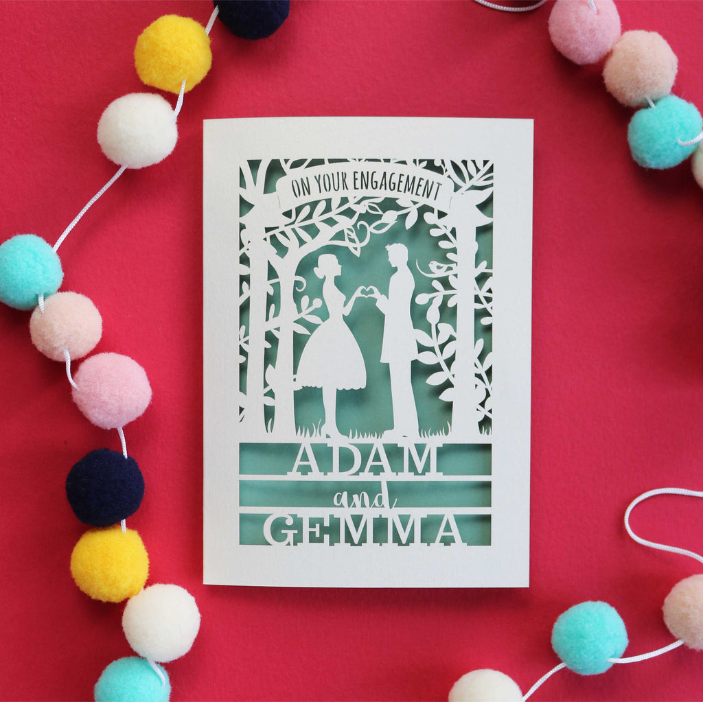 A cream and sage engagement card, laser cut and personalised