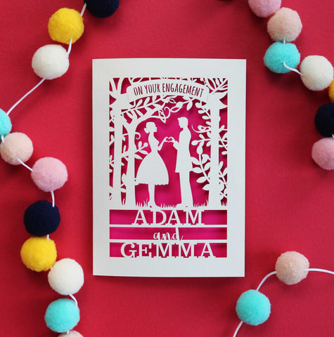 A laser cut engagement card, personalised with their names - A5 / Shocking Pink