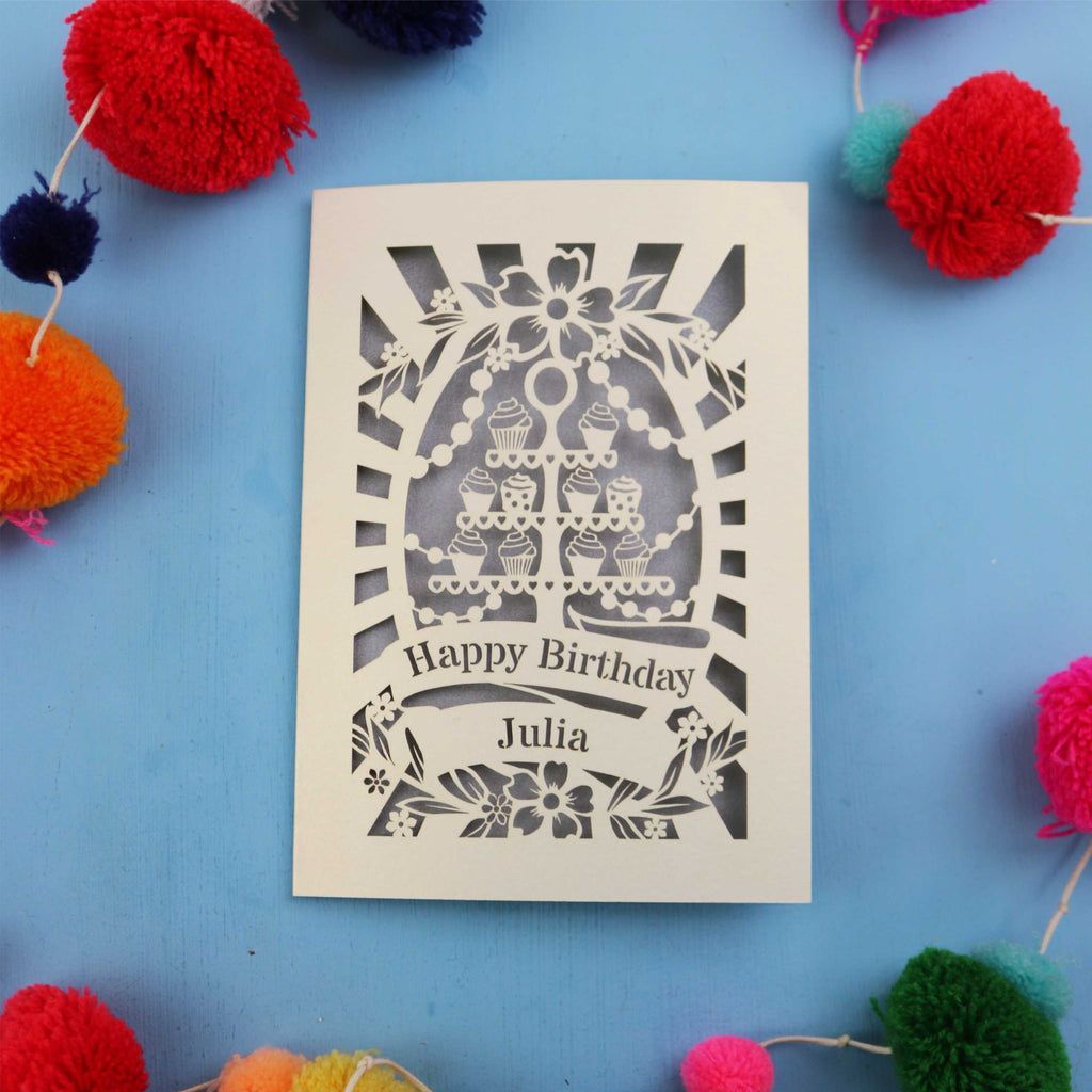 Personalised birthday card with decorative elements on a blue background