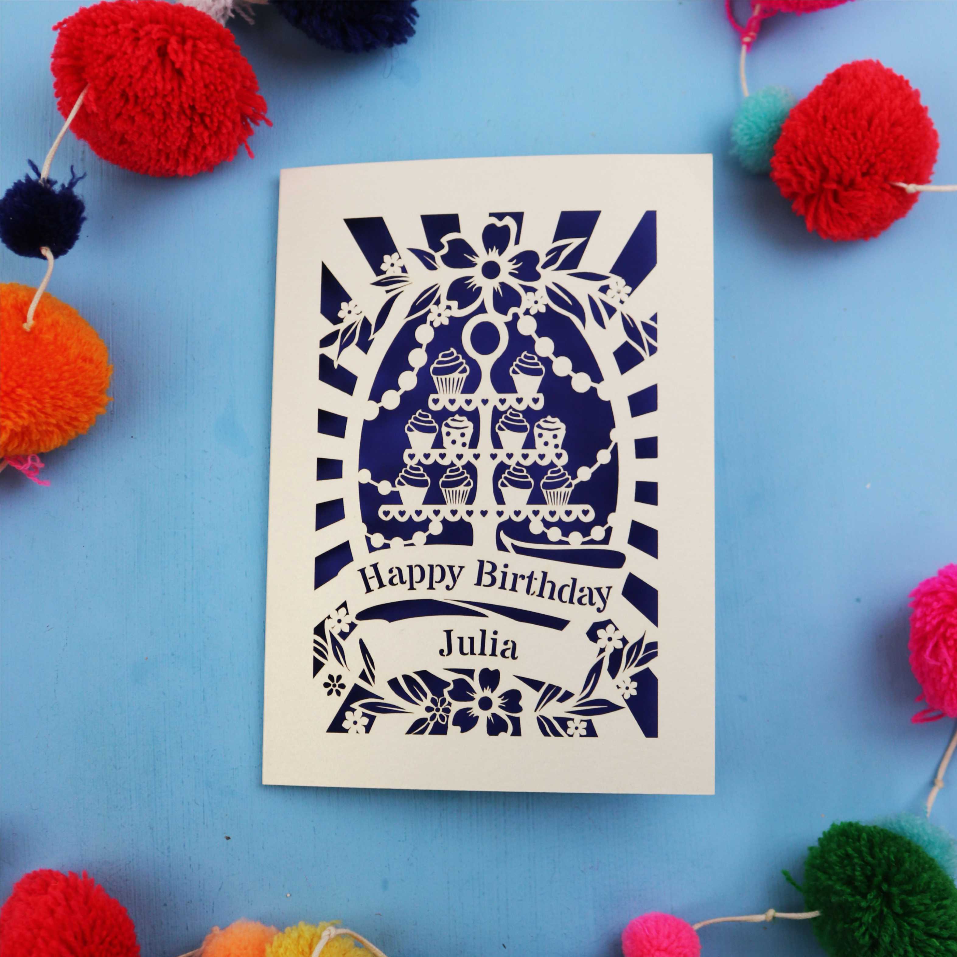 Birthday card with decorative elements on a blue background