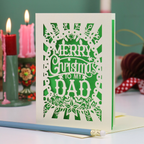 A laser cut Dad Christmas card with festive cut out text, 'Merry Christmas to my Dad'