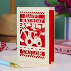 A laser cut first birthday card with cut out digger design and "HAPPY BIRTHDAY TAYLOR" personalised text. 