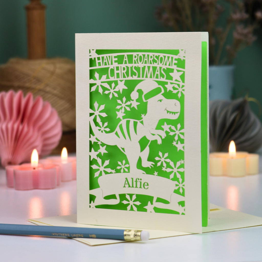 Personalised Papercut Dinosaur Christmas Card