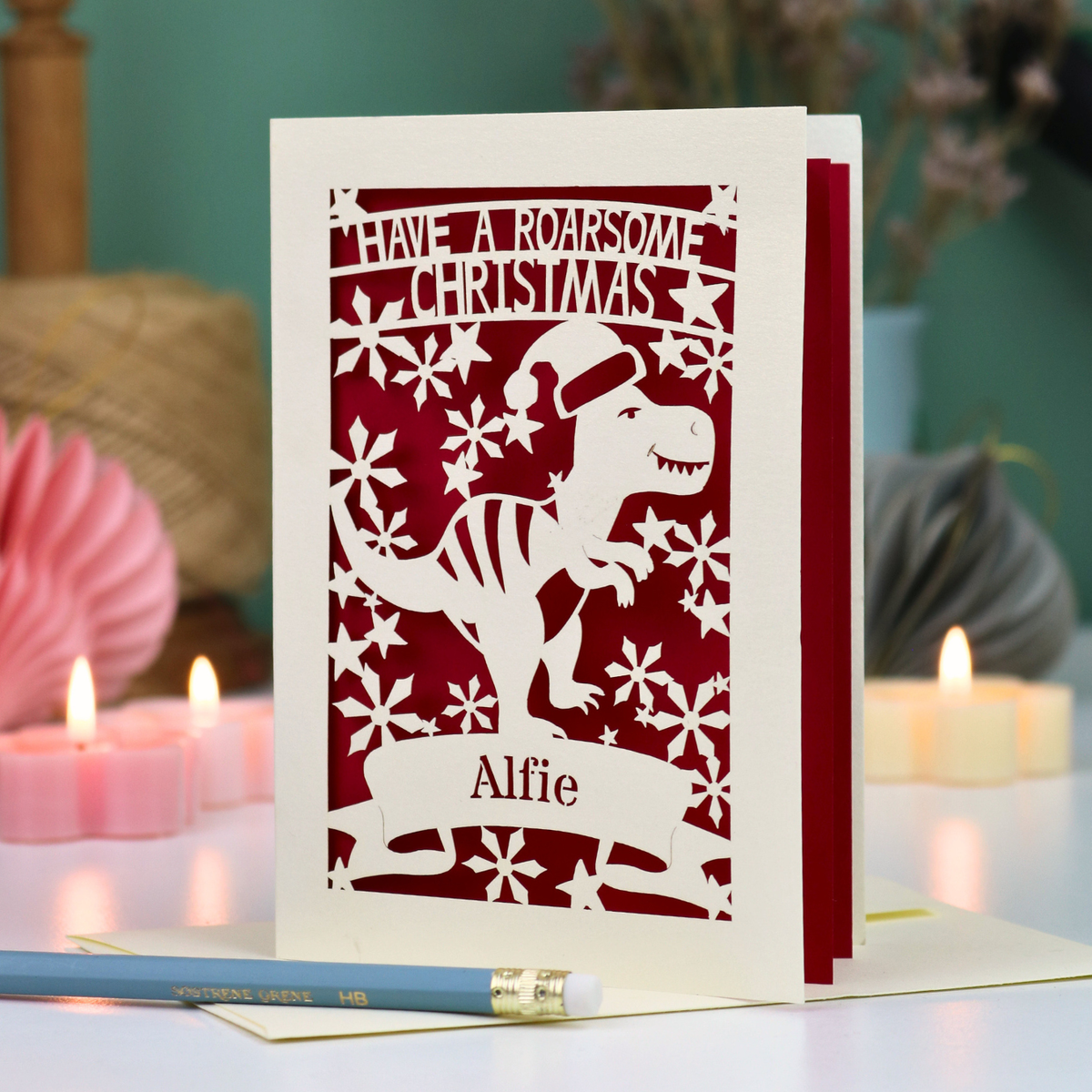 Personalised Papercut Dinosaur Christmas Card