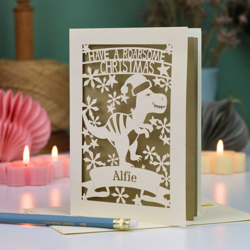 Personalised Papercut Dinosaur Christmas Card