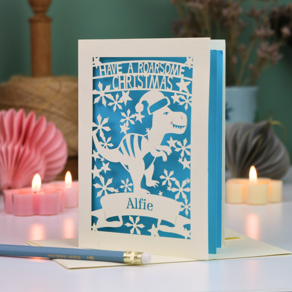 Personalised Papercut Dinosaur Christmas Card