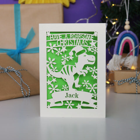 Personalised Papercut Dinosaur Christmas Card - A6 (small) / Bright Green