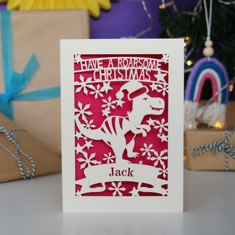 Personalised Papercut Dinosaur Christmas Card - A6 (small) / Shocking Pink