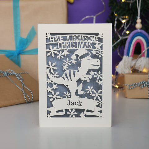Personalised Papercut Dinosaur Christmas Card - A6 (small) / Silver