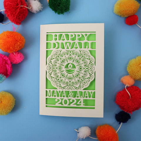 A laser cut personalised Diwali Mandala card - Bright Green / A6  (small)