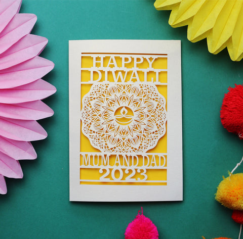 Personalised Papercut Diwali Mandala Card A5 - Sunshine Yellow