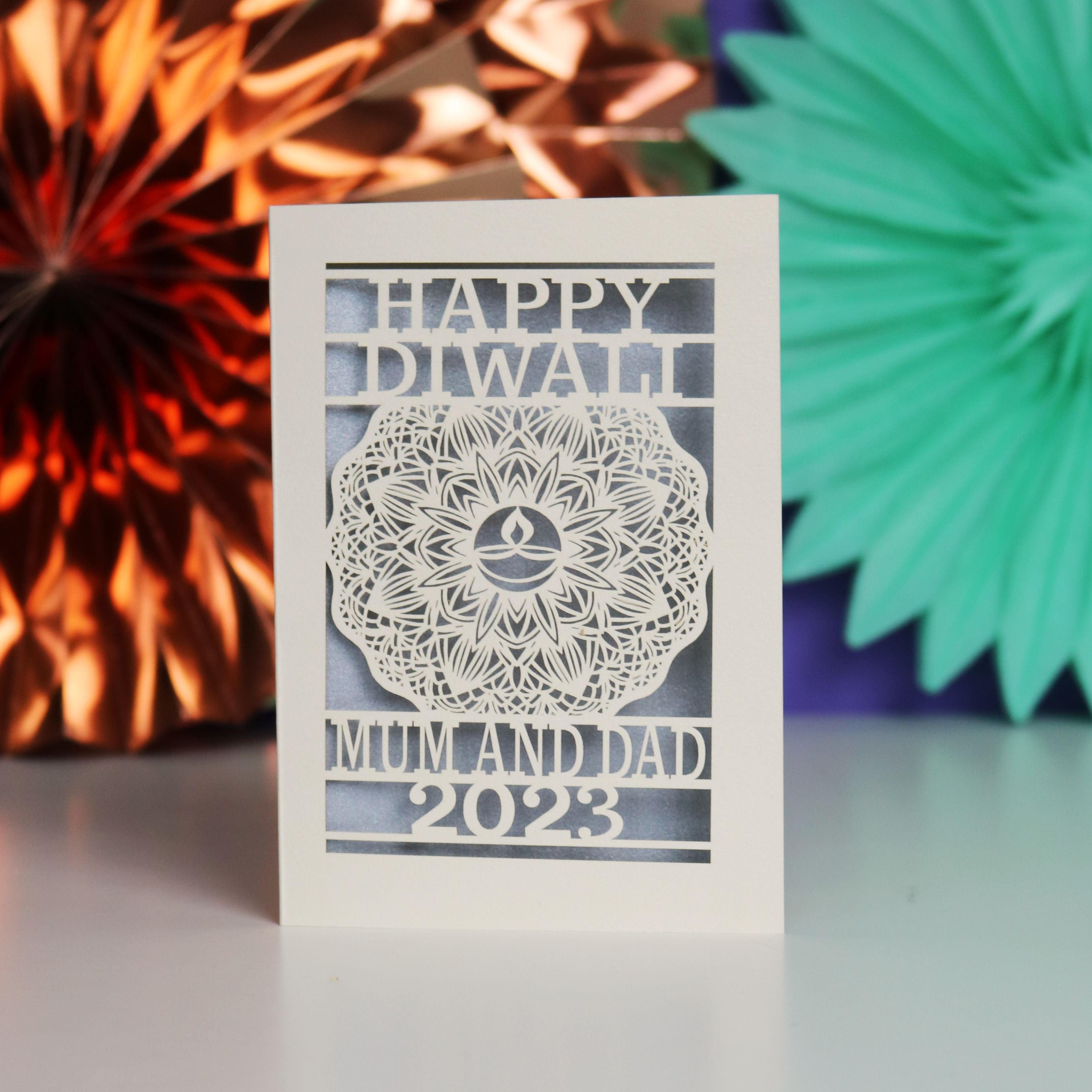 A unique Diwali card from Cornwall, UK. Personalised with a name and the year