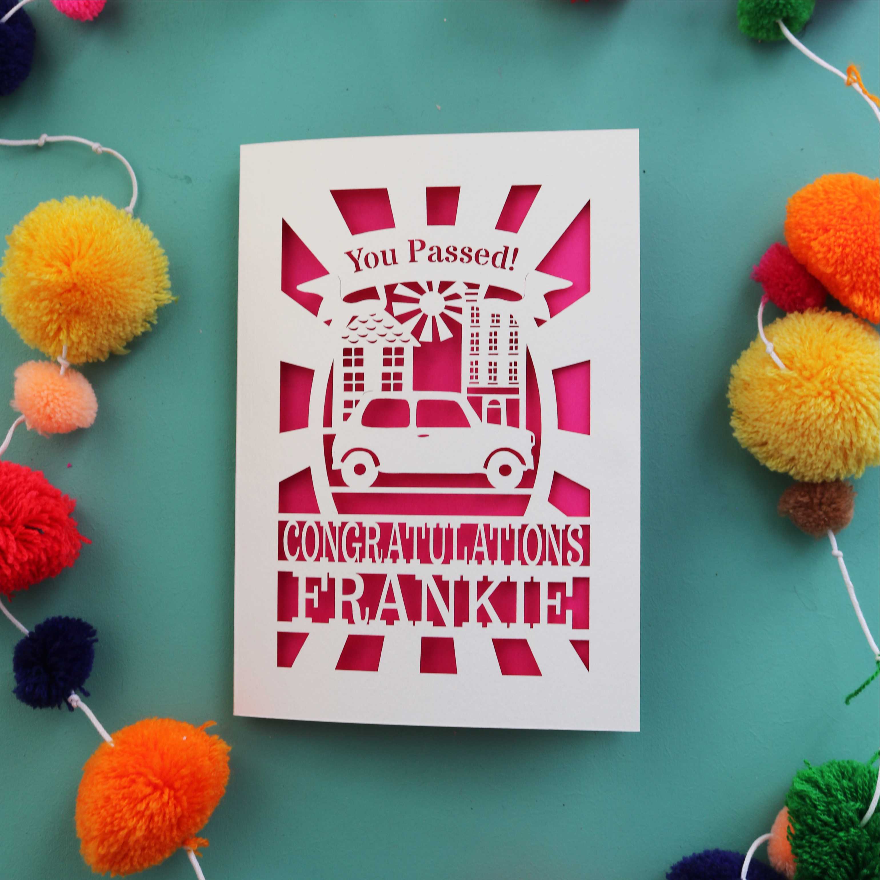 A driving test congrats card, personalised and laser cut