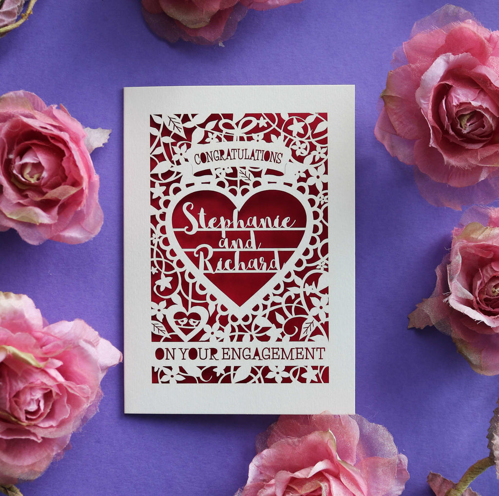 An engagement card for friends, laser cut and personalised