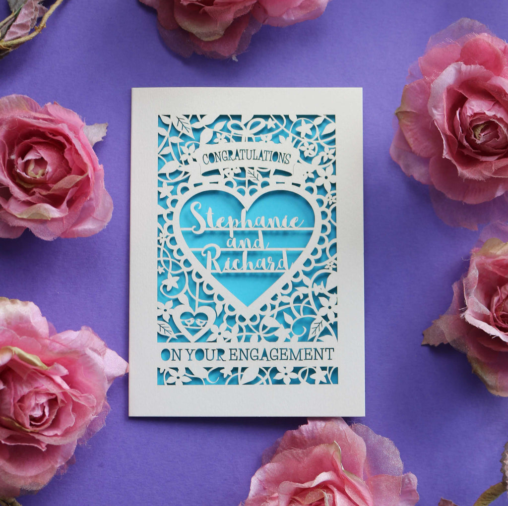 An engagement card personalised and paper cut