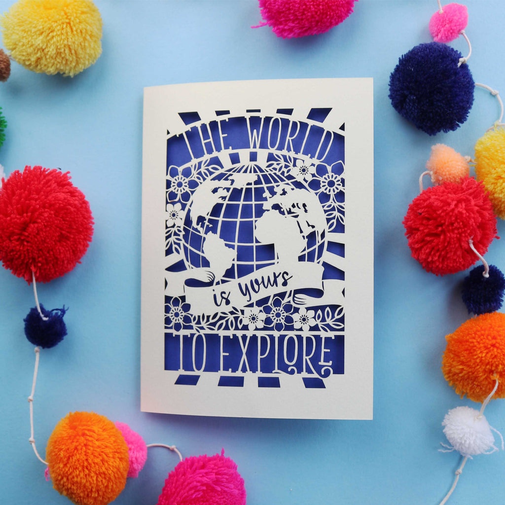 The world is yours to explore. A laser cut card made in UK
