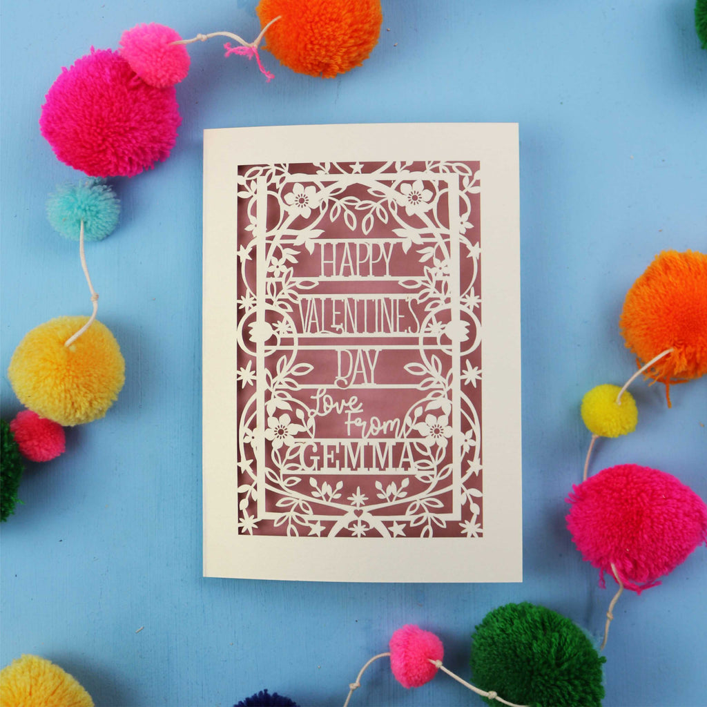 A laser cut Valentines card with the words "Happy Valentine's Day, Love from Gemma"