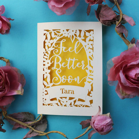 A personalised laser cut get well soon card that says "Feel better soon" - A6 (small) / Sunshine Yellow