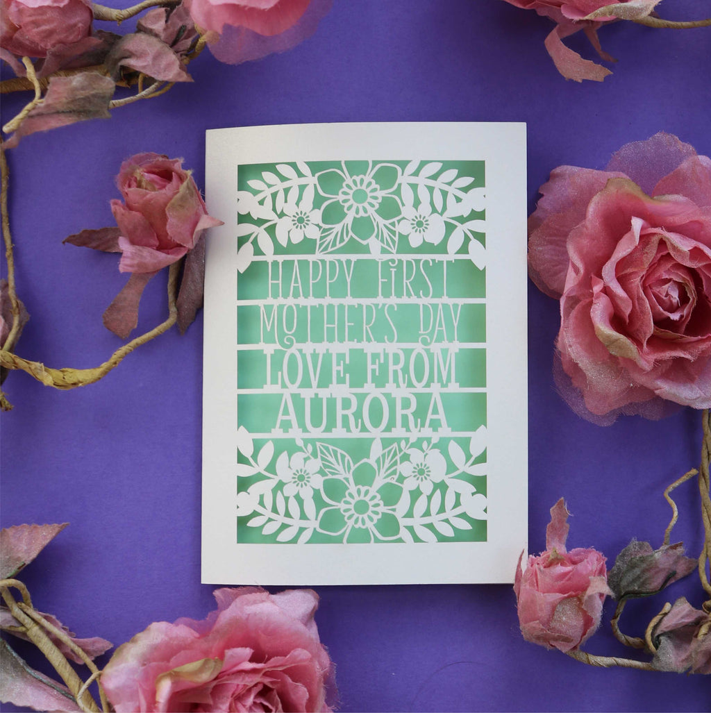 First Mother's Day cards with cut out text that says "Happy First Mother's Day, love from" and is personalised with a name